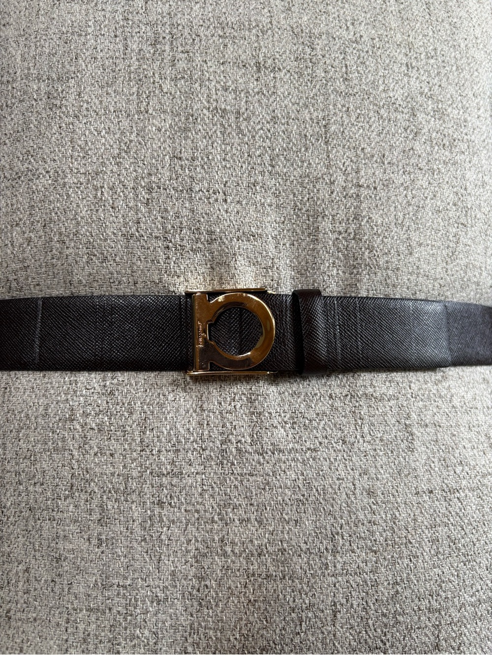 Ferragamo Dark Chocolate Textured Leather Belt with Signature Gold Buckle